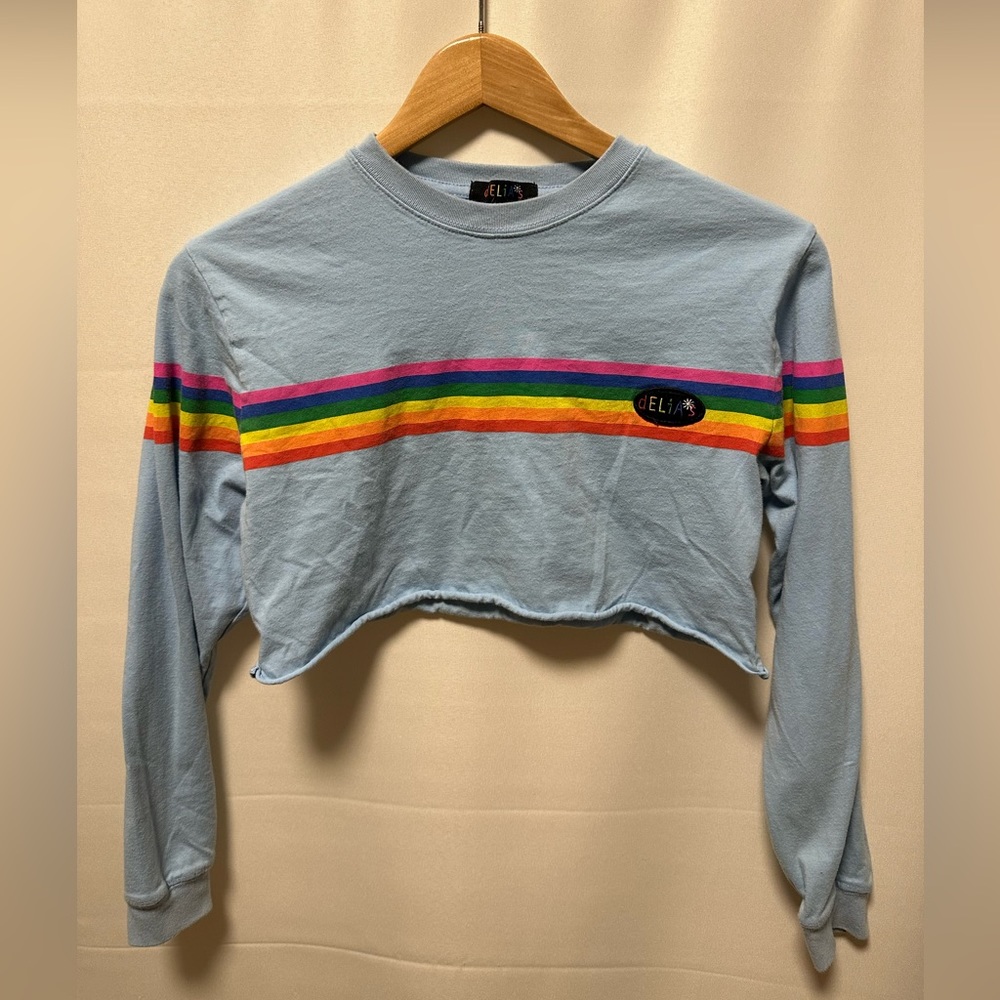 Dolls Kill Delia’s Collab Long Sleeve Crop Top Blue With Rainbow